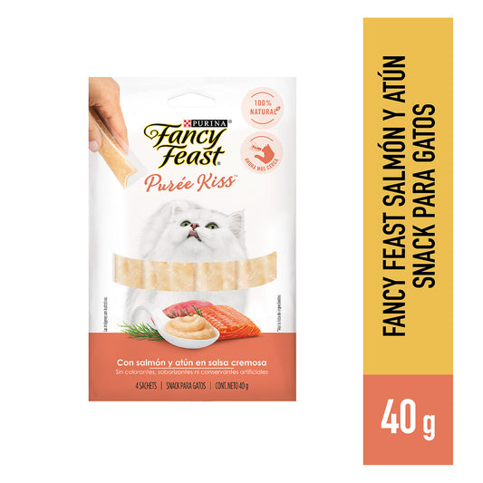 Snack super premium para gatos Fancy Feast Kiss con sabor salmón y atún de 40 gr
