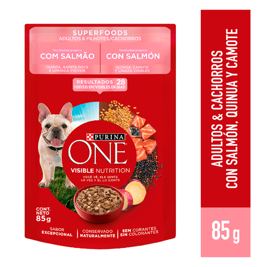 Alimento húmedo para perros Purina One Adulto y Cachorro sabor salmón de 85gr