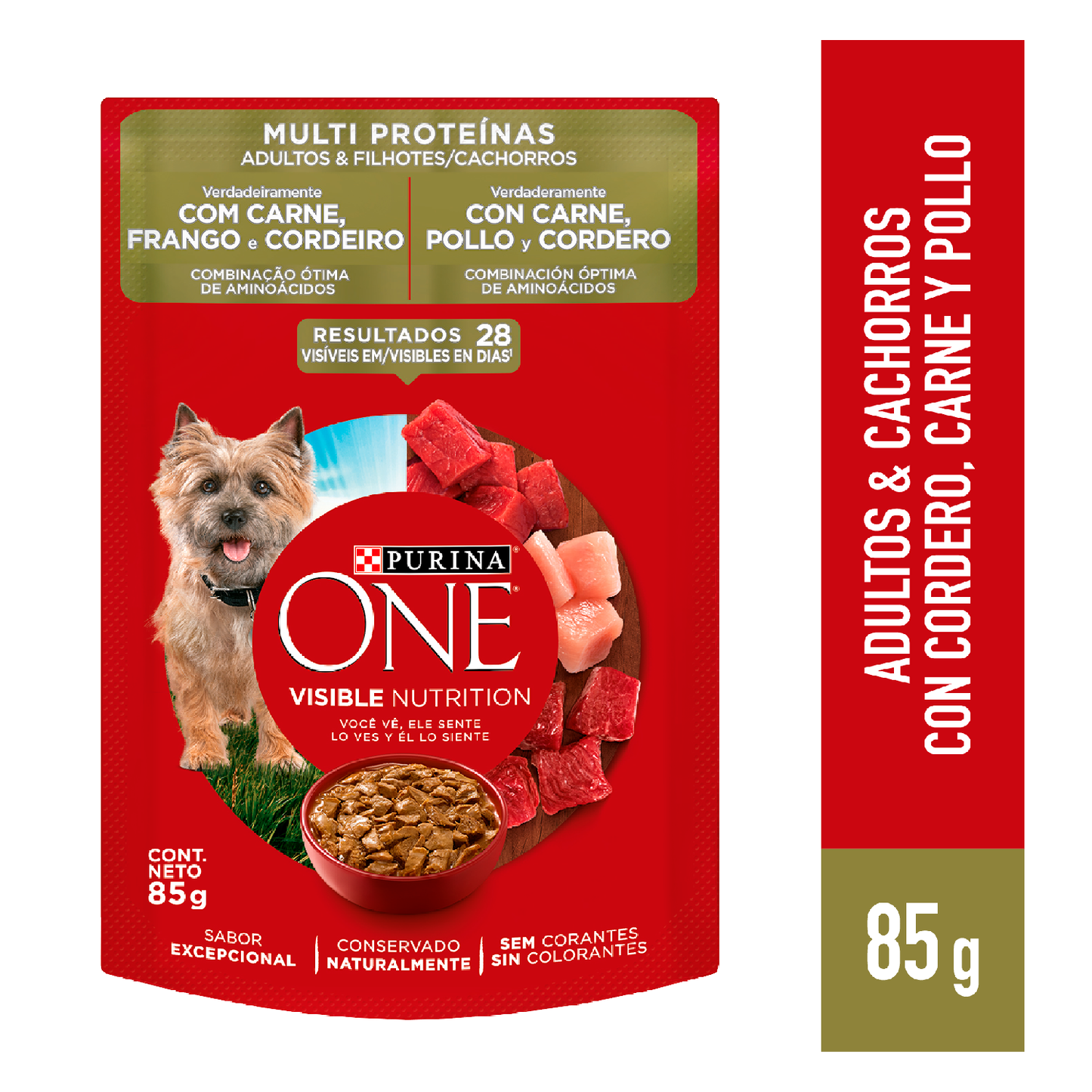 Alimento húmedo para perros Purina One Adulto y Cachorro sabor carne, pollo y cordero de 85gr