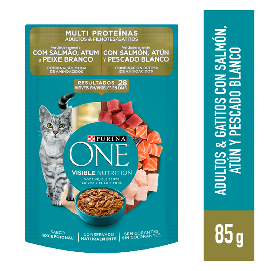 Alimento húmedo para gatos Purina One Adultos y Gatitos multiproteína de 85gr