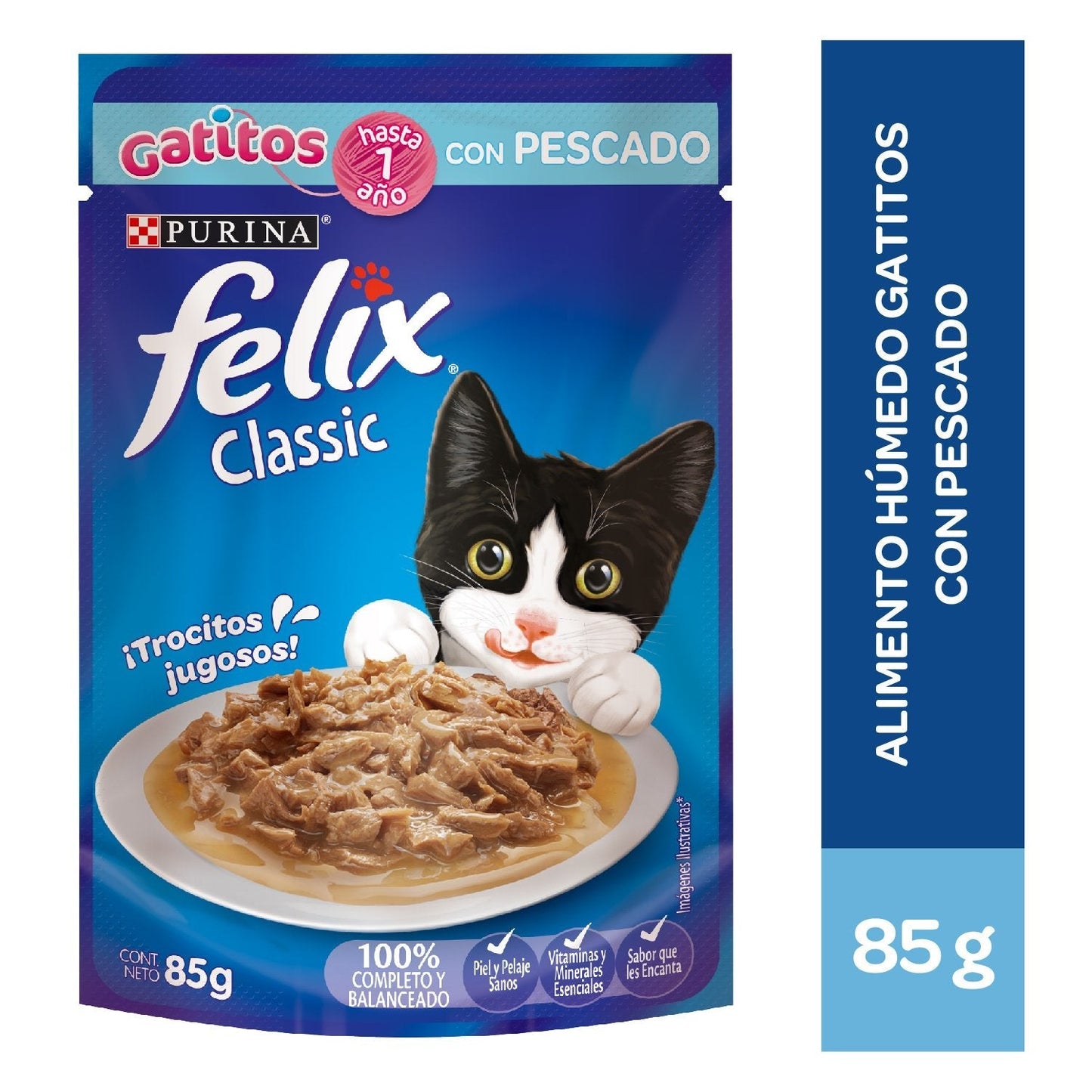 Alimento Húmedo Felix gatitos sabor pescado en salsa 85 gr.