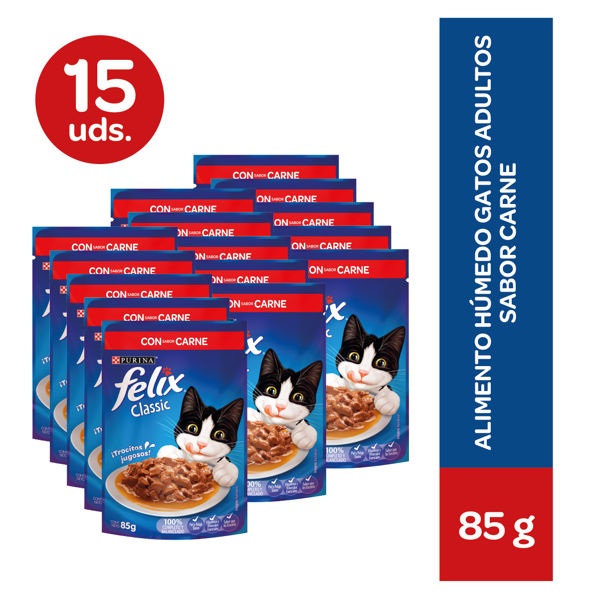 Felix Adulto alimento húmedo sabor carne 85 gr. x 15 unidades