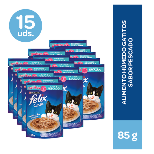 Alimento Húmedo Felix gatitos sabor pescado en salsa 85 gr. x 15 unidades