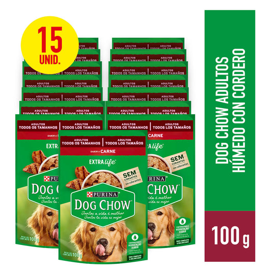 Alimento húmedo para perros Dog Chow Adultos todos los tamaños con Carne 100g x 15 unidades