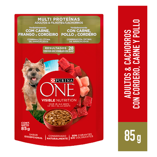Alimento húmedo para perros Purina One Adulto y Cachorro sabor carne, pollo y cordero de 85gr